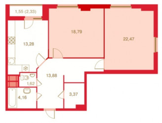 Двухкомнатная квартира 74.1 м²
