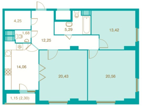 Двухкомнатная квартира 90.7 м²