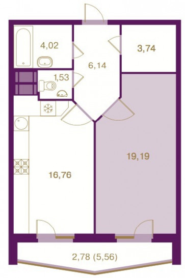 Однокомнатная квартира 54.1 м²